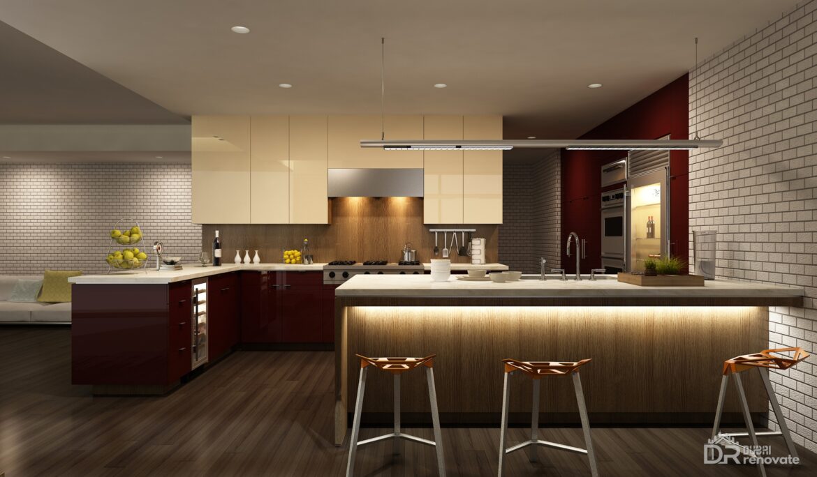 Modern Open Plan Kitchen Dubai illuminated central | Open-plan modern kitchen in Dubai with a large illuminated central island