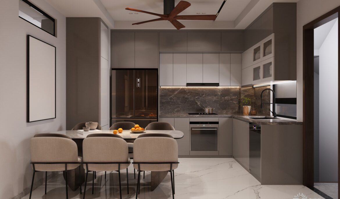 modern open plan kitchen design dining set Dubai | L-shaped open-plan kitchen with matte grey lower cabinets