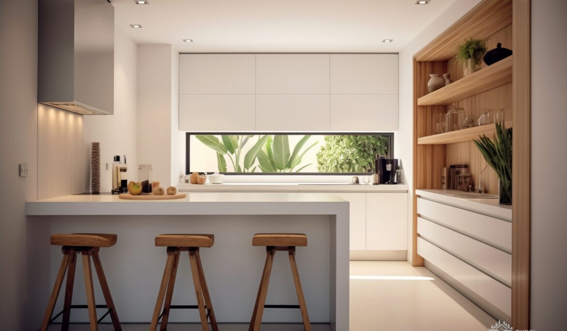 Minimalist Kitchen Design Dubai Tips | Bright minimalist kitchen with white handleless island
