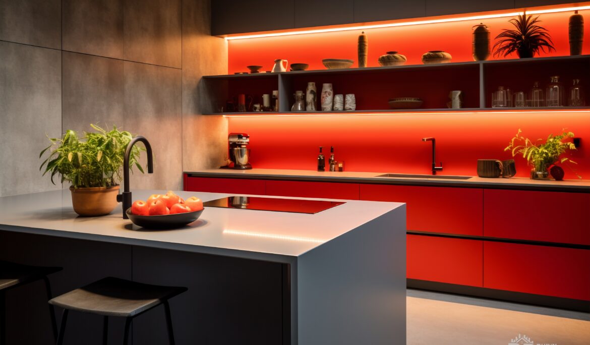 Dubai modern minimalist kitchen design | Modern minimalist kitchen in Dubai with matte red base cabinets