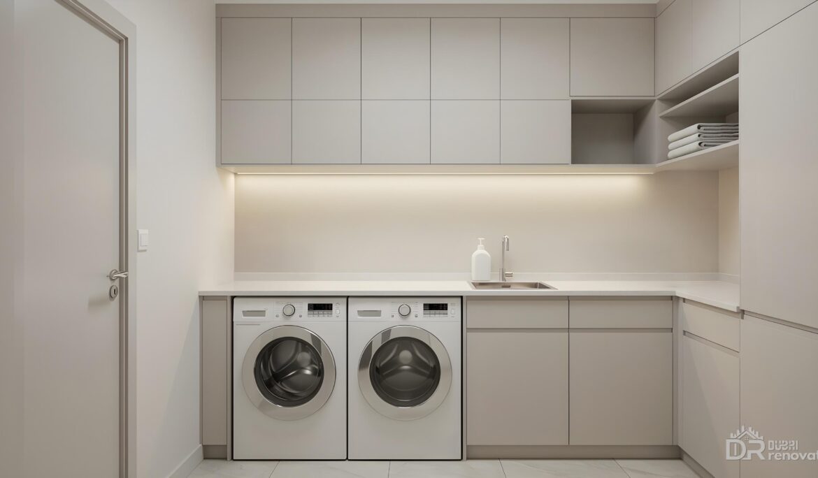 Dubai modern greige laundry with under-counter washers