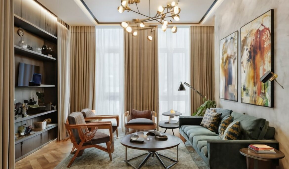 Dubai modern living room design green velvet | Modern Dubai living room with deep green velvet sofa
