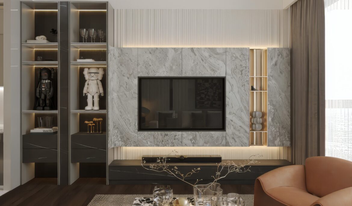 Dubai modern marble TV wall by DubaiRenovate showing marble surround
