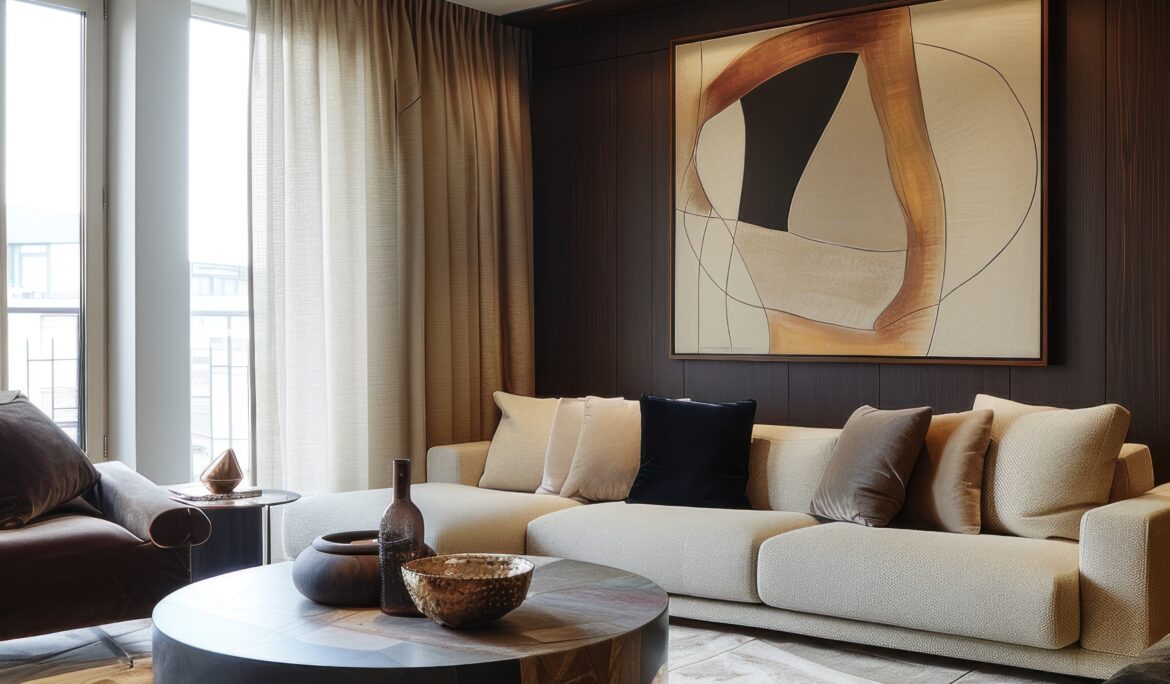 Modern beige living room Dubai Large abstract | Modern beige living room with large sectional facing dark wood-paneled accent wall and large abstract artwork