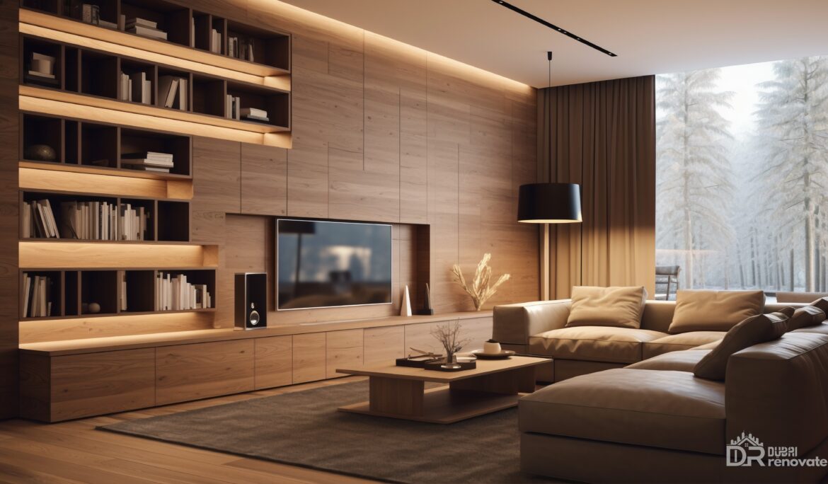 Modern beige living room Dubai with full-height wood media wall and built-in shelving — styled by DubaiRenovate.