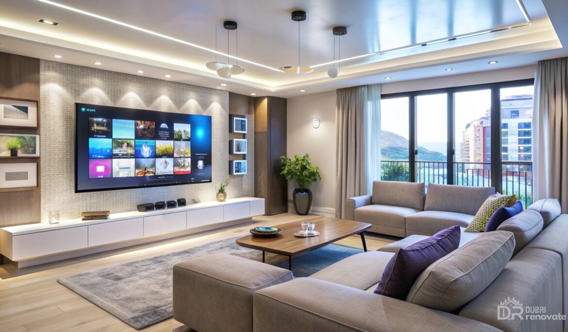 Dubai modern grey living room Large TV with floating white media console