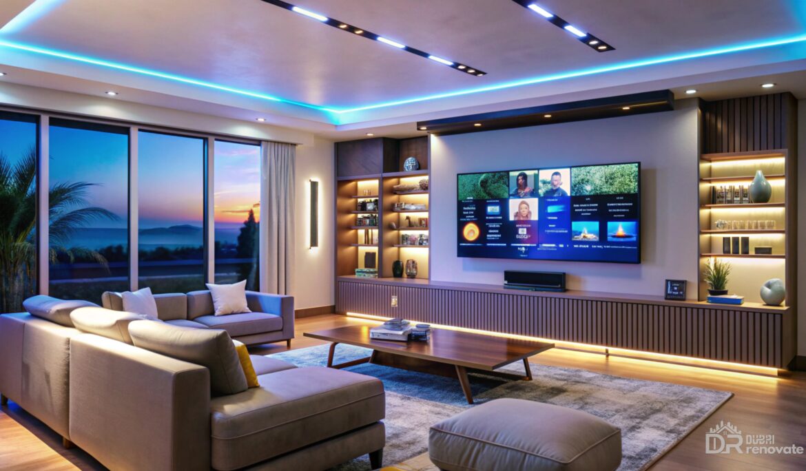 Dubai modern beige living room Large TV — fluted media wall