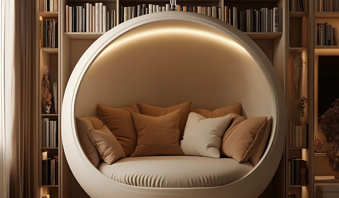 Dubai cozy reading nook design hanging spherical | Recessed built-in bookshelf wall with a suspended spherical pod chair