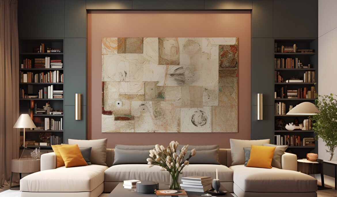 Dubai modern minimalist living room oversized abstract | Spacious Dubai modern minimalist living room with a low beige sectional