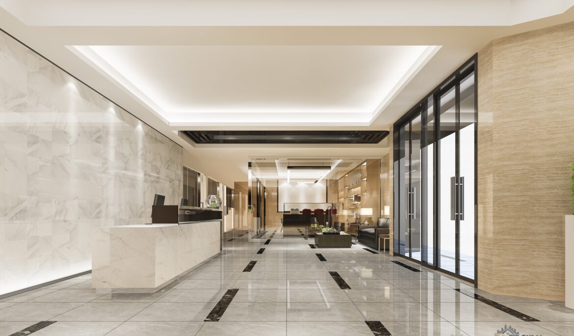 Dubai modern marble hotel lobby with white marble reception