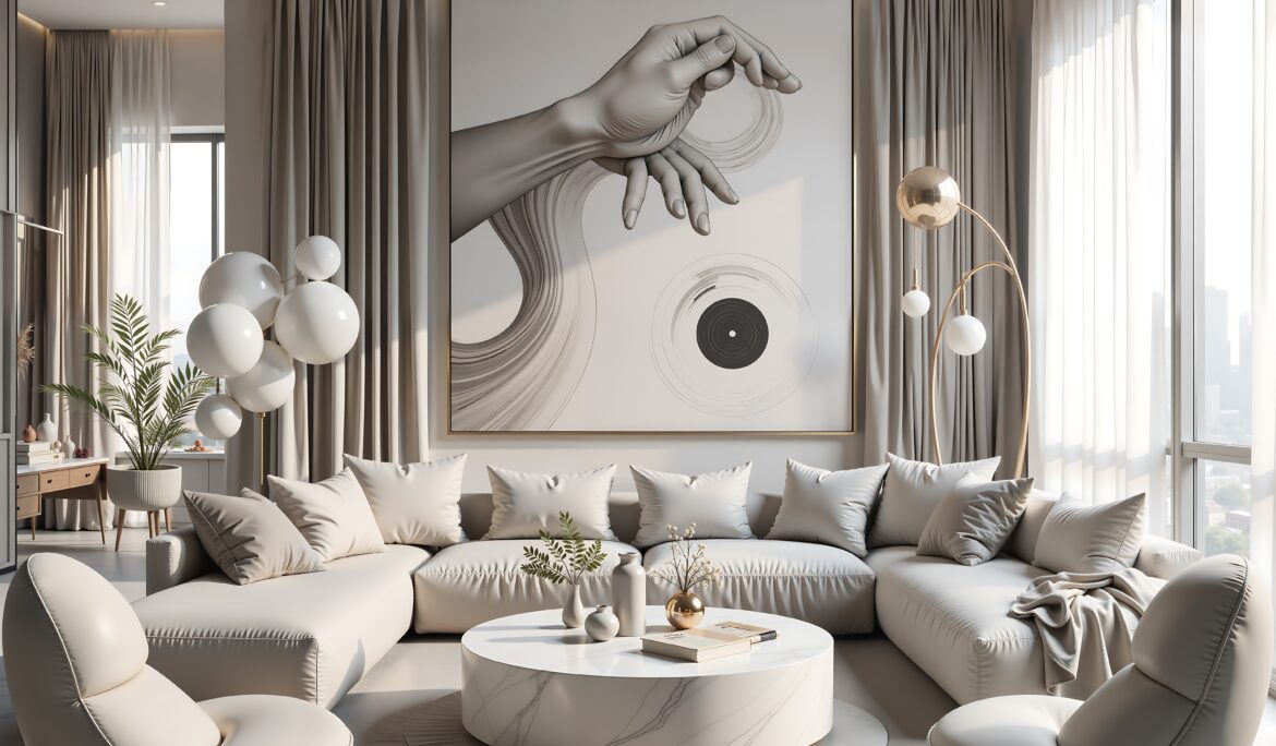Dubai modern luxury living room large monochrome | Bright Dubai modern luxury living room with large curved cream sectional