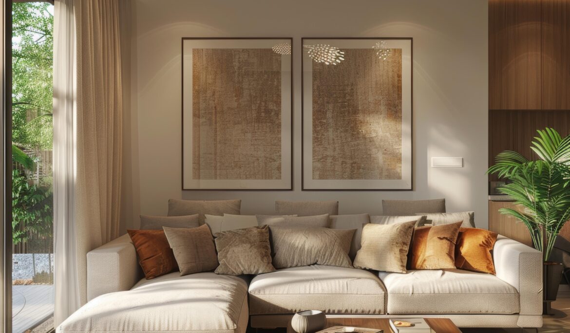 Dubai modern beige living room Lshaped sectional with low wooden coffee table — DubaiRenovate