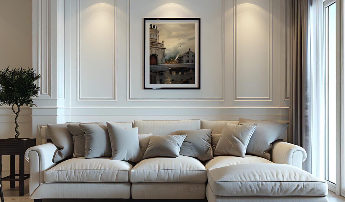 Dubai modern minimalist living room Lshaped beige | Bright Dubai living room with a light beige L-shaped sectional (chaise right) against a white panelled feature wall