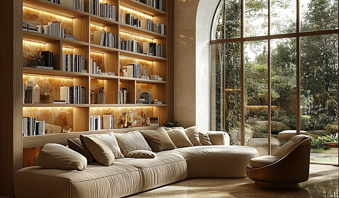 Dubai light luxury living room | High-ceilinged light luxury living room with arched window