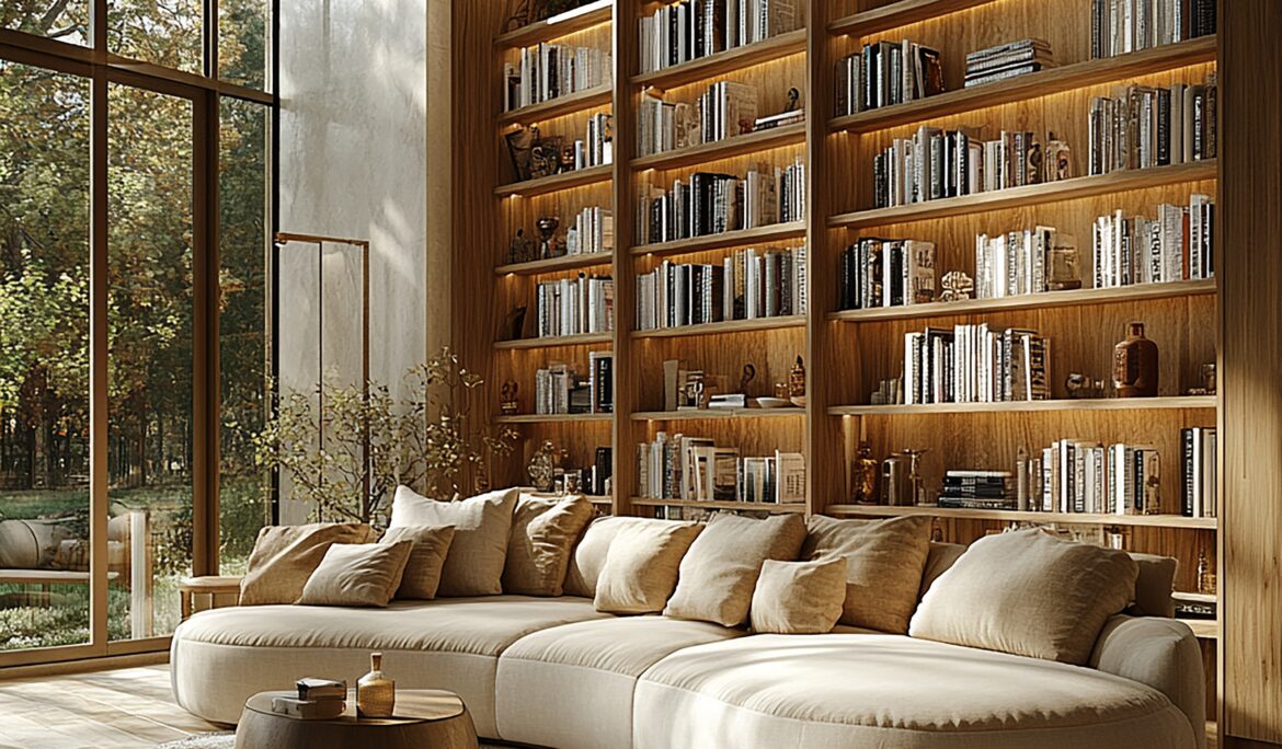 Dubai modern minimalist living room fullheight | Double-height Dubai living room with curved beige sofa