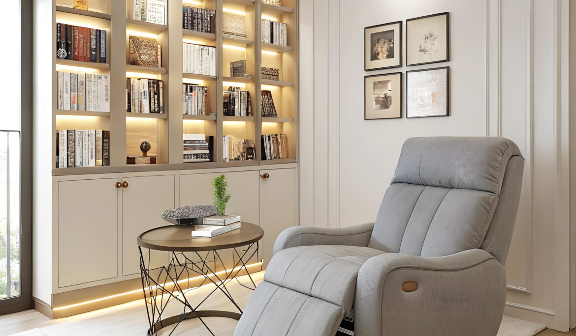 Dubai modern reading nook design | Modern reading nook in Dubai with floor-to-ceiling built-in bookshelves