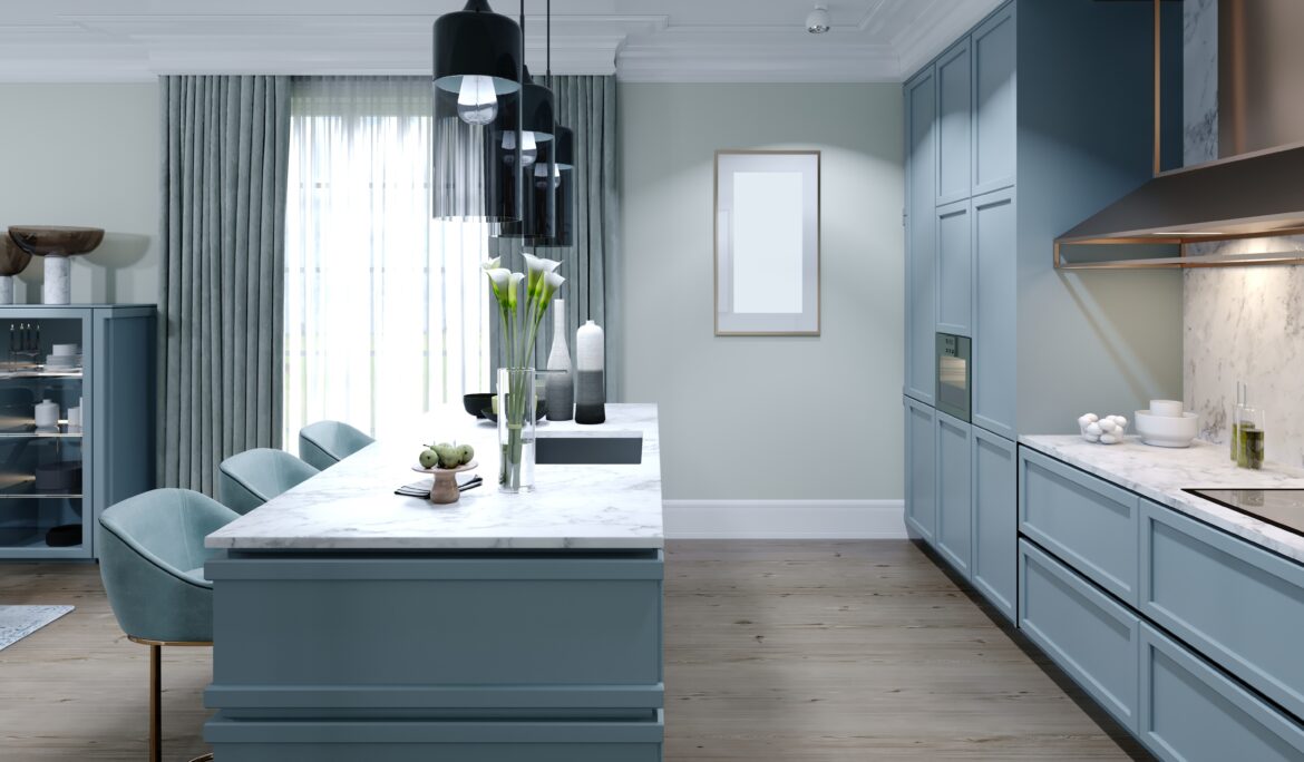Pastel Blue Kitchen Design Dubai | Modern pastel blue kitchen with marble island