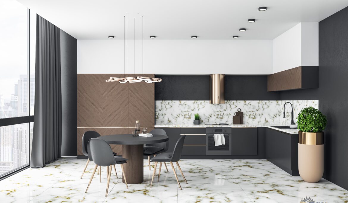 Modern wooden kitchen Dubai studio | Open-plan studio kitchen with L-shaped matte dark cabinets
