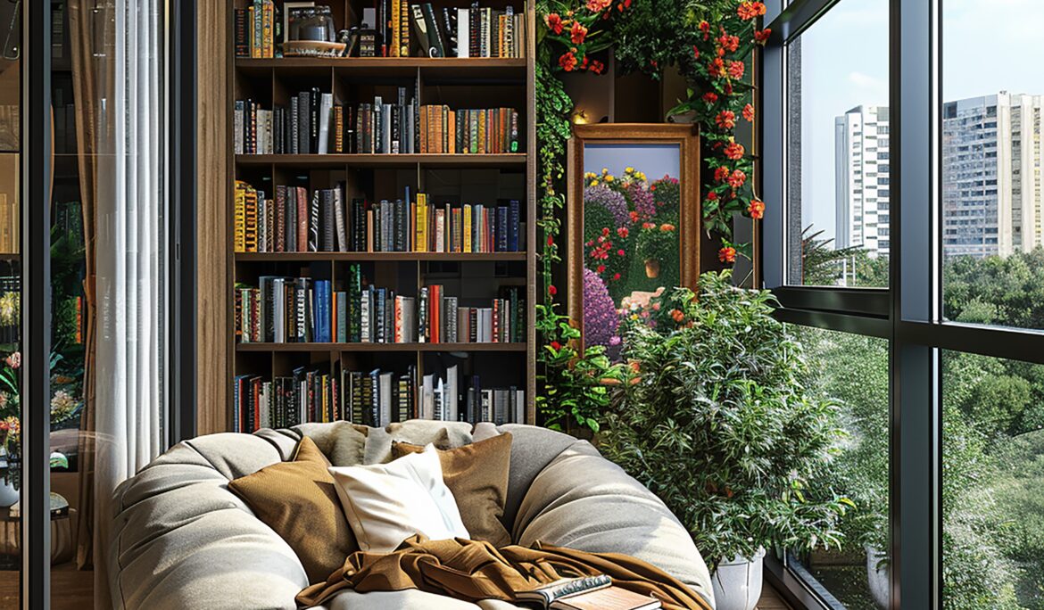 Dubai cozy balcony reading nook | Narrow sunlit balcony reading nook with floor-to-ceiling black-framed windows