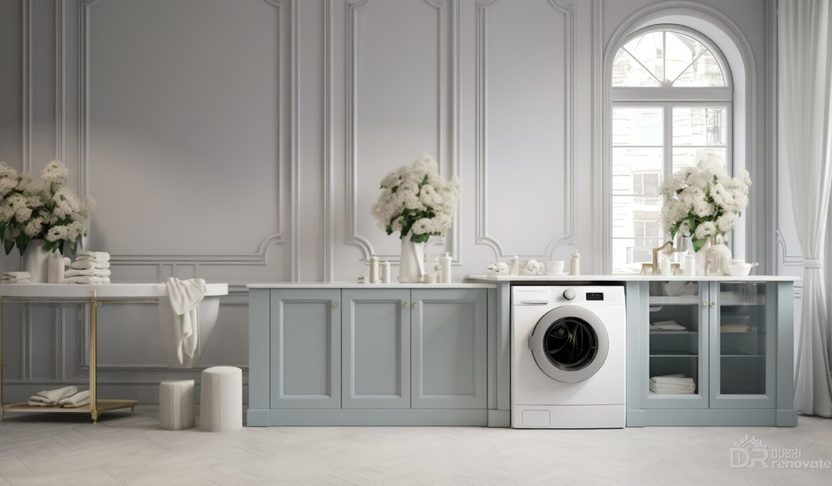 Dubai neoclassical laundry design with pale blue cabinetry and marble-look countertop staged by DubaiRenovate