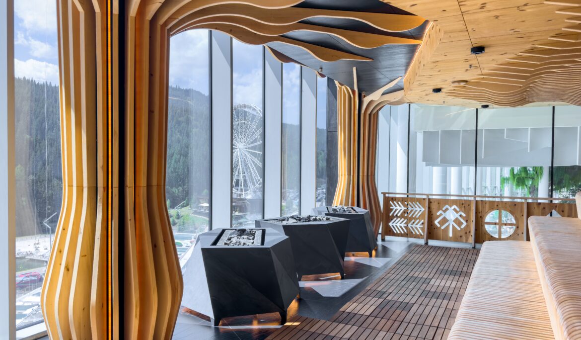 Dubai resort spa lounge with honey timber canopy and panoramic glazing — DubaiRenovate