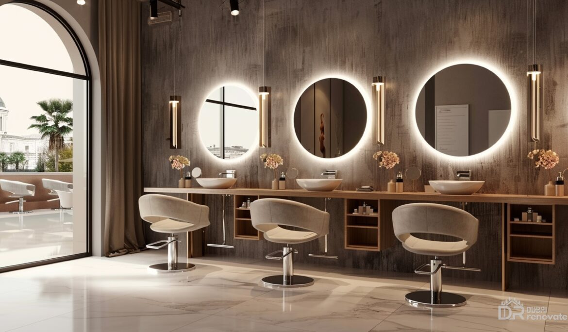 Dubai luxury salon interior design | Linear luxury salon wall with four backlit round mirrors