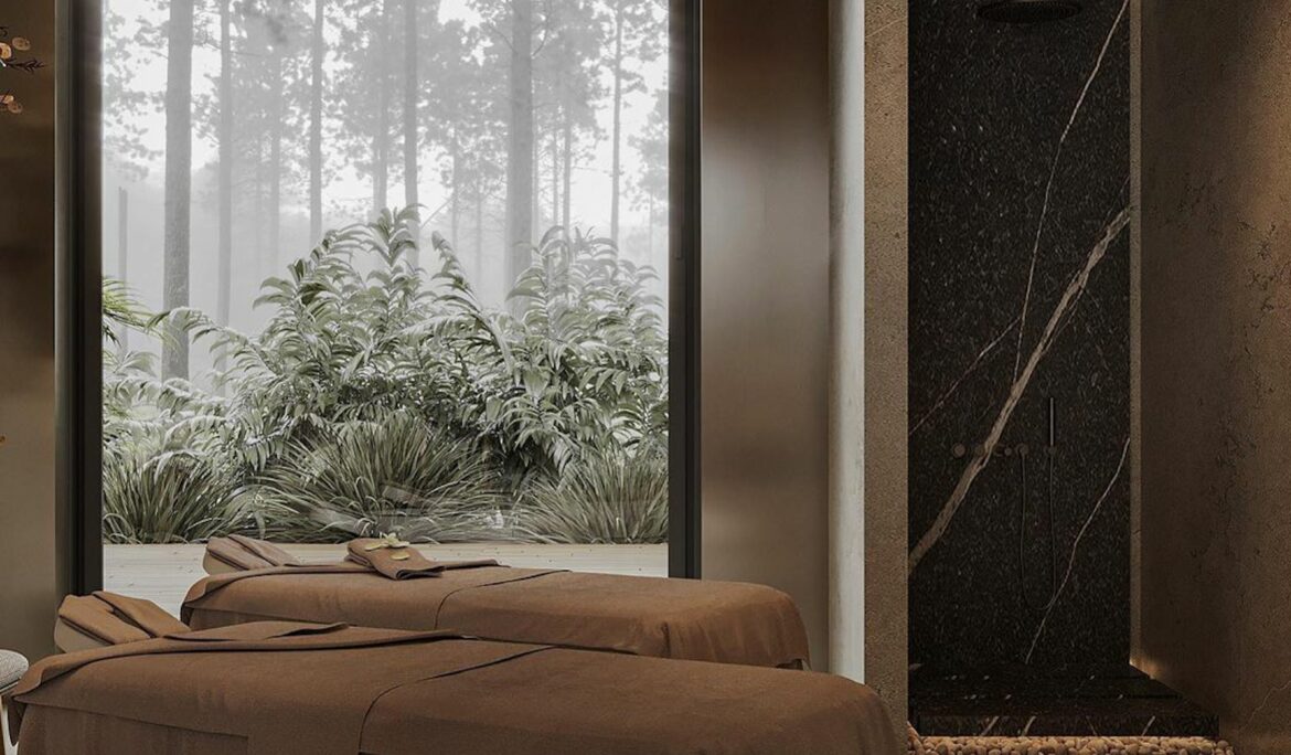Dubai earthy spa treatment room | Earthy spa treatment room in Dubai with two brown-lined massage tables