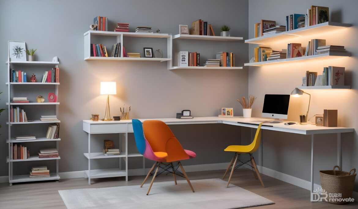 Dubai modern white home office corner with L-shaped desk and colorful chairs — DubaiRenovate