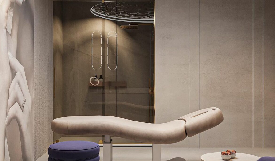 Dubai neutral luxury spa room with curved bed and rippled LED ceiling medallion - DubaiRenovate