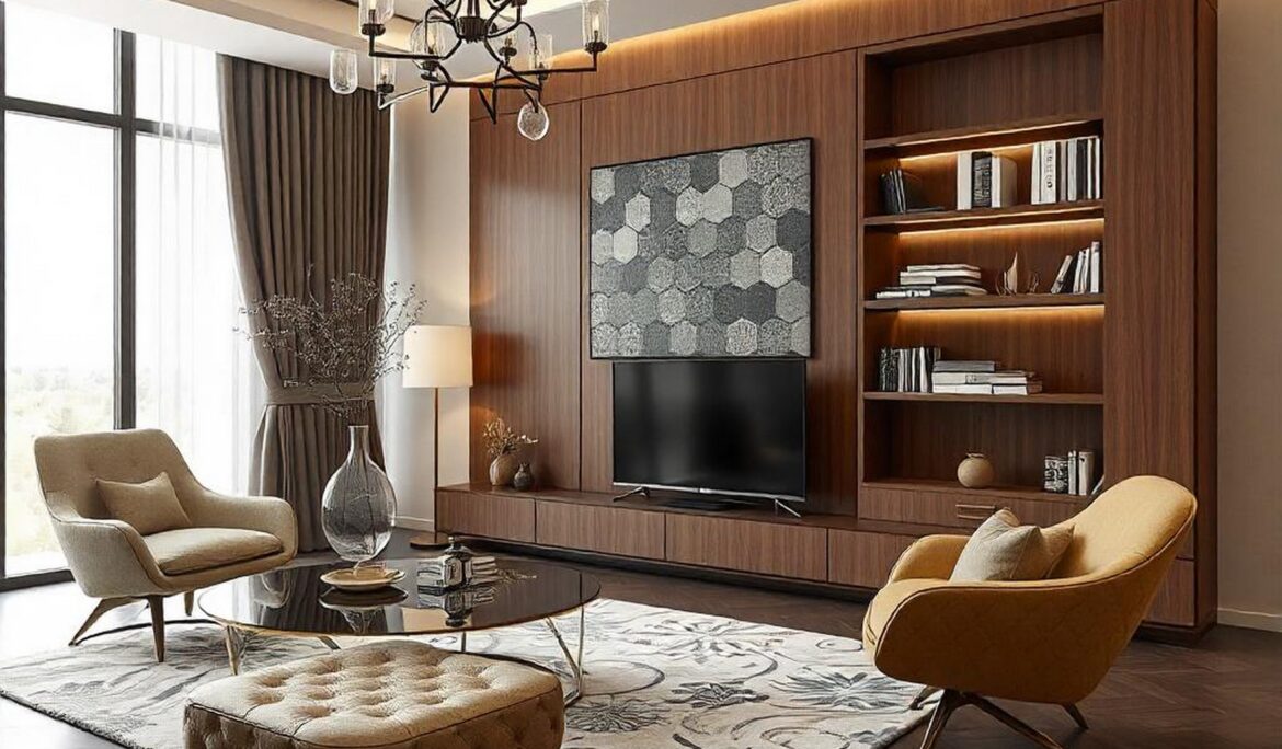 Warm Modern Living Room Dubai | Warm modern living room with walnut wood-paneled TV wall