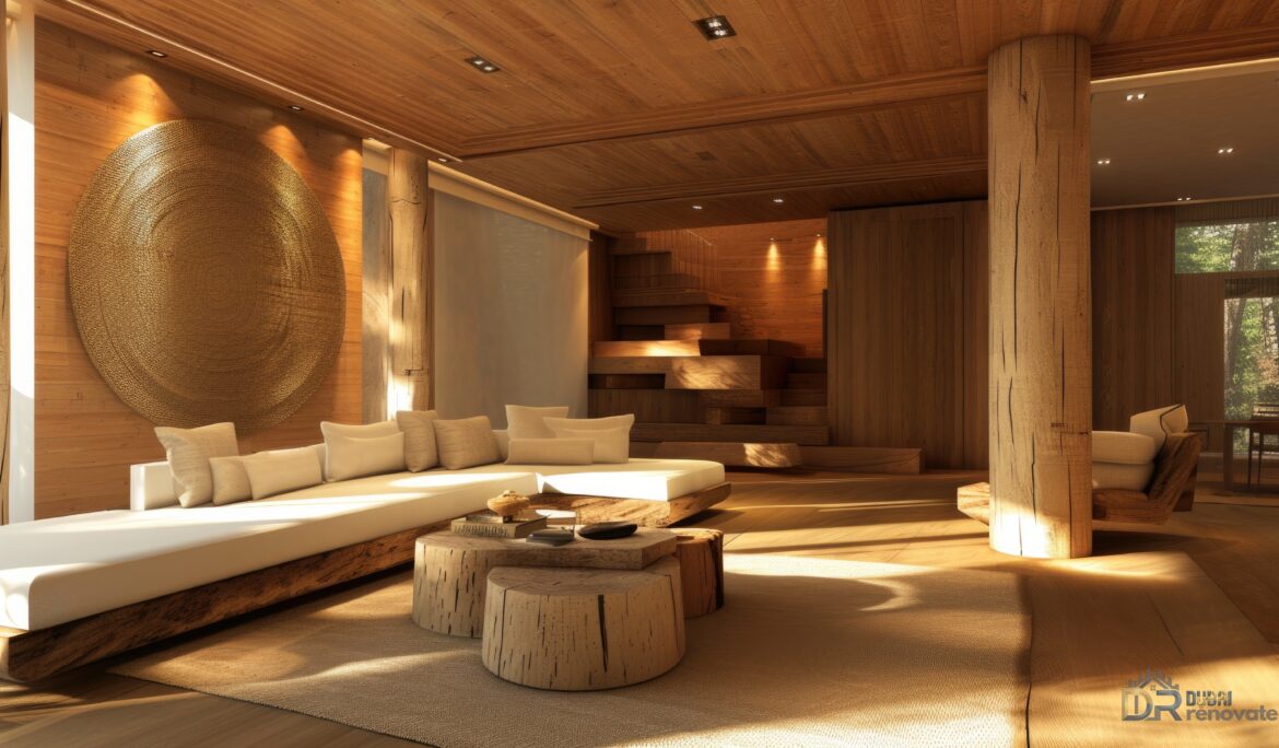 Dubai timber modern living room | Open-plan timber clad living room with continuous wood on floor