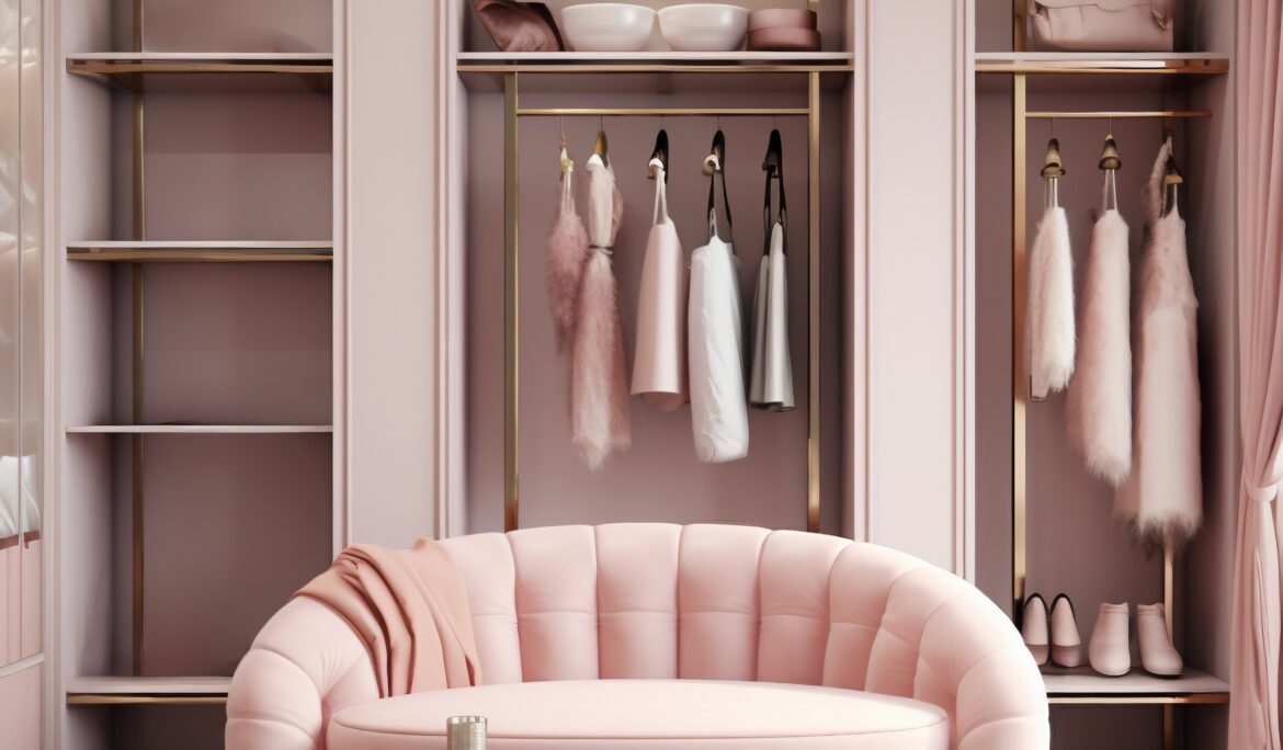 Dubai pink velvet dressing room by DubaiRenovate showing tufted loveseat