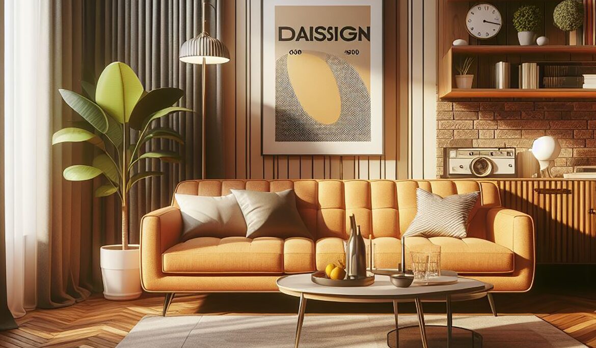Mid Century Retro Living Dubai | Warm retro mid-century living room with mustard tufted sofa against a vertical slatted wall