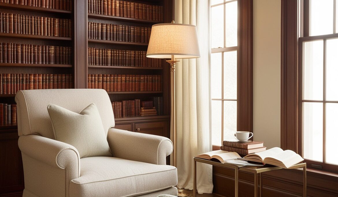 Classic Reading Nook Dubai Library | Classic library-style reading nook with a cream upholstered armchair