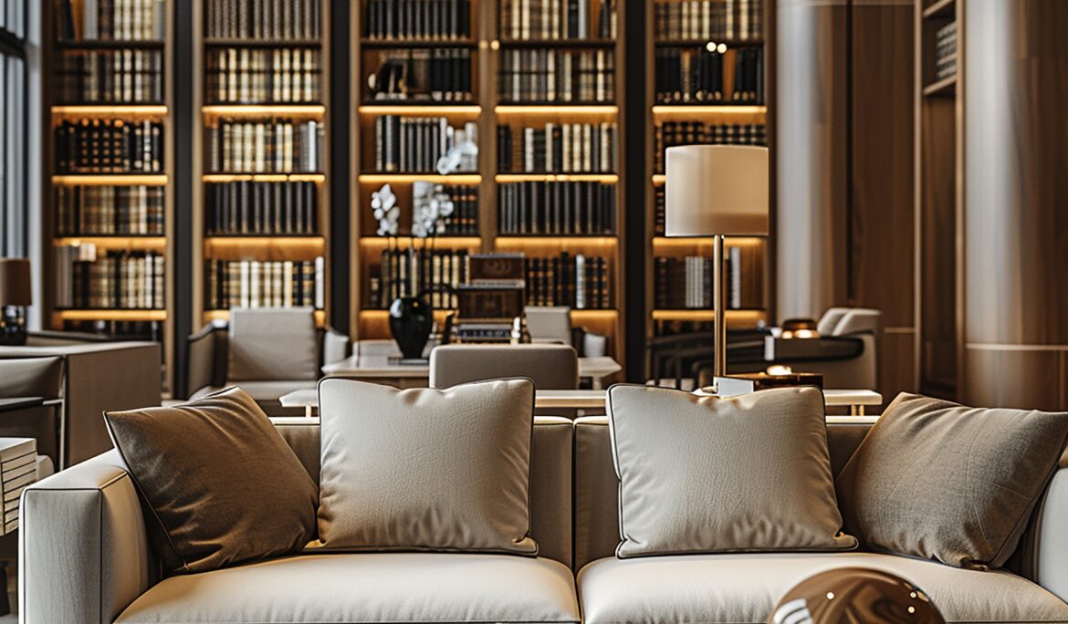 Dubai luxury library living room | Luxurious library-style living room in Dubai with floor-to-ceiling walnut bookshelves lit by warm LEDs