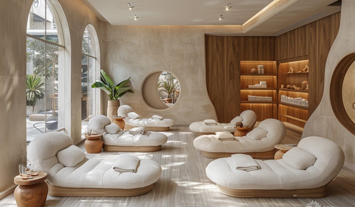 Dubai minimalist wellness lounge design | Sunlit Dubai minimalist wellness lounge design with tufted low chaise lounges