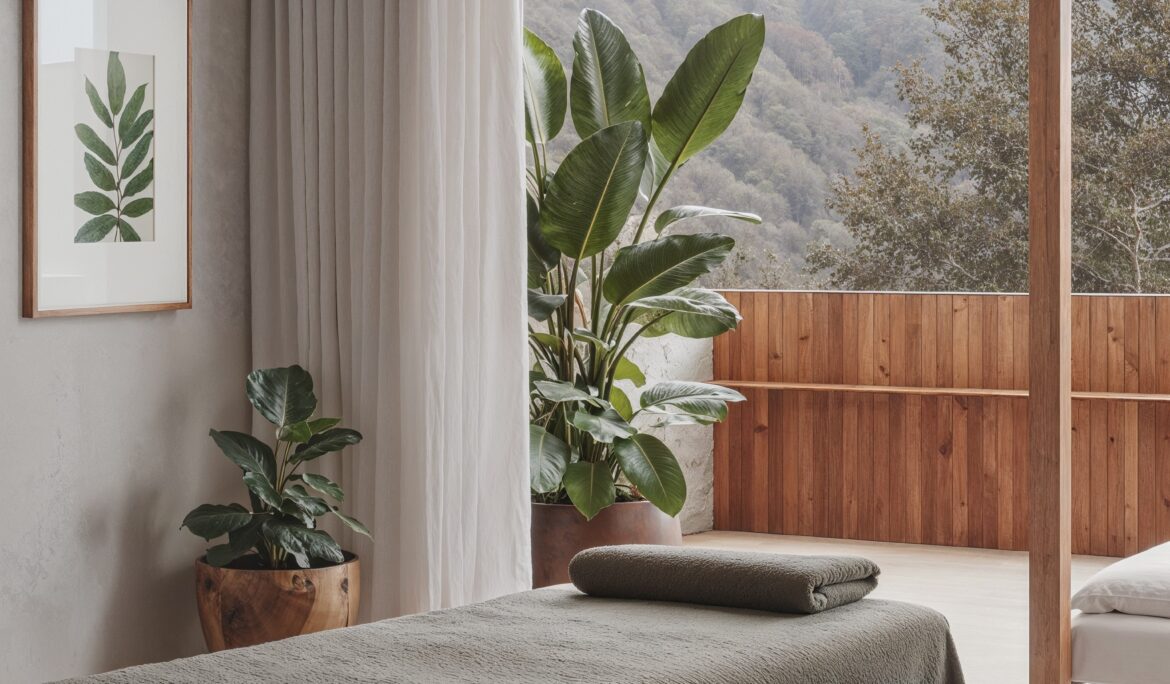 Minimalist spa room Dubai design | Minimalist spa treatment room with wooden massage bed