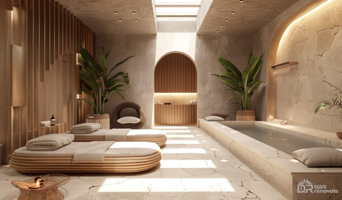 Dubai luxury spa room design | Minimal luxury spa room with central skylight