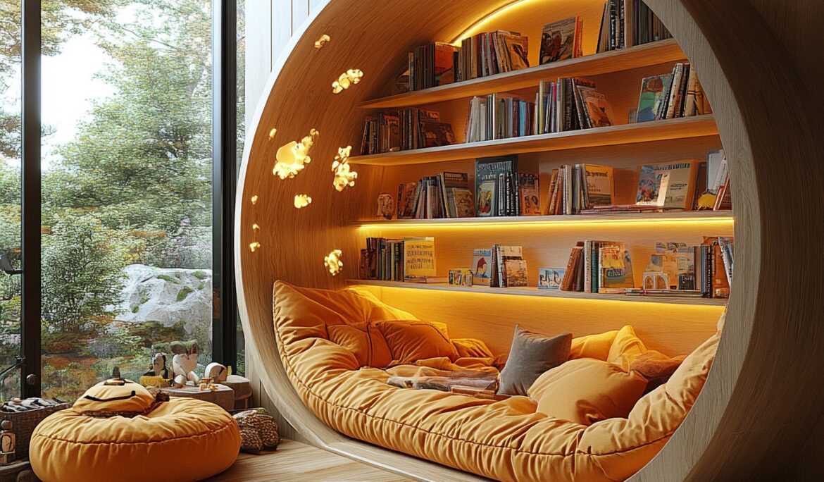 Dubai circular kids reading pod | Built-in circular kids reading pod in light oak with mustard cushions and integrated bookshelves
