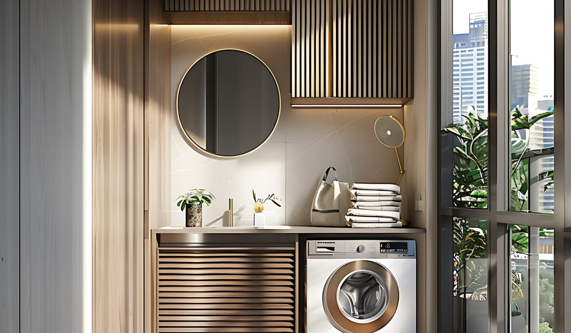 Compact modern laundry Dubai with slatted wood cabinets