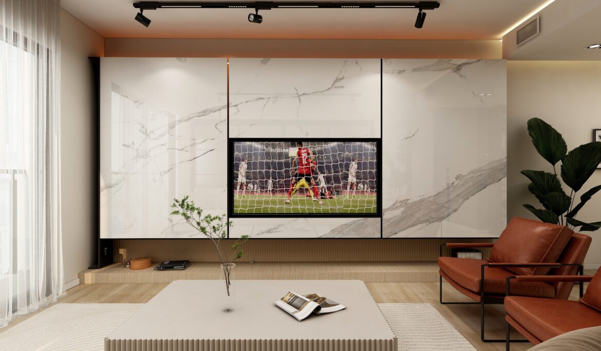 Dubai modern marble TV wall Marbleeffect TV by DubaiRenovate with cognac chairs and slim floating console