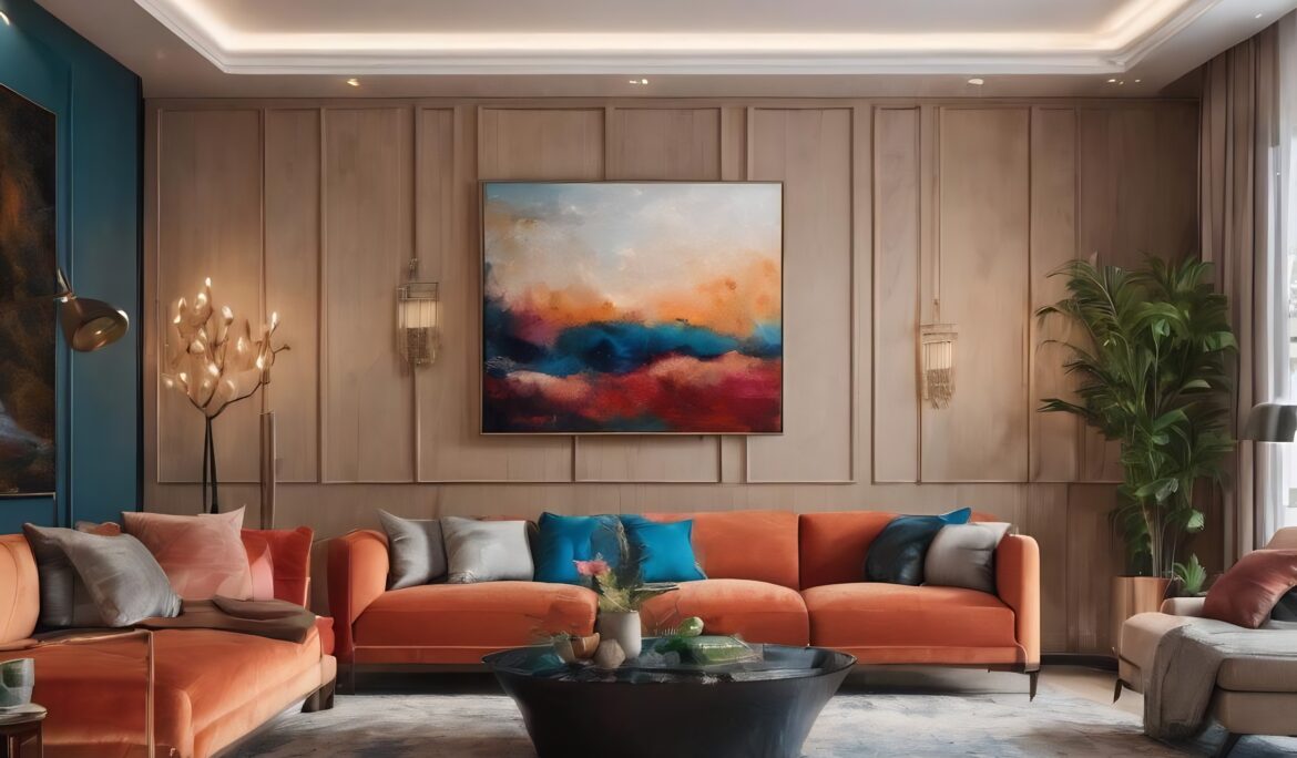 Contemporary living room Dubai design abstract painting | Bright contemporary living room with two low orange velvet sofas facing a large round black coffee table