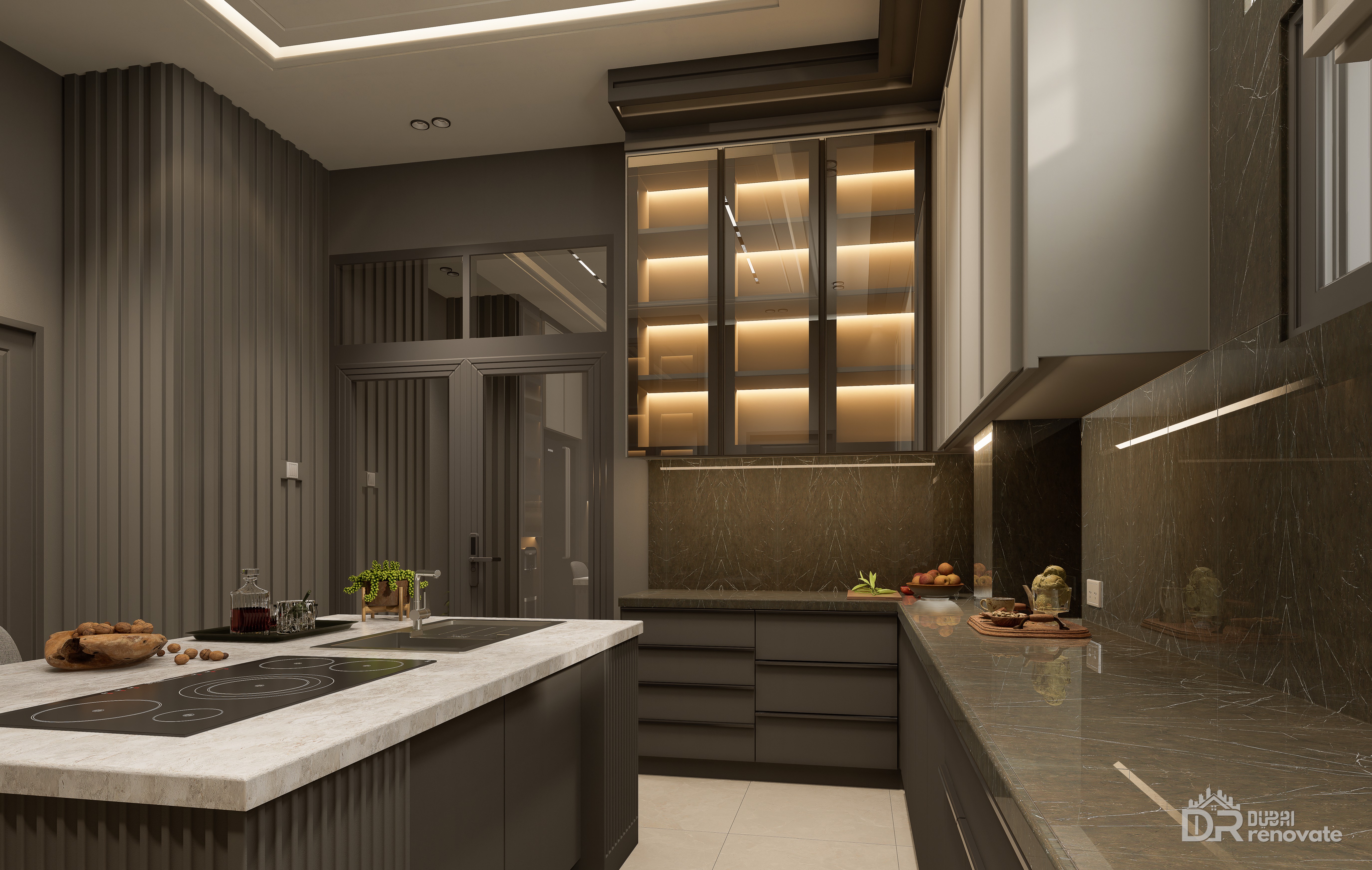 Dubai modern dark kitchen design Illuminated glassfront — Luxury ...