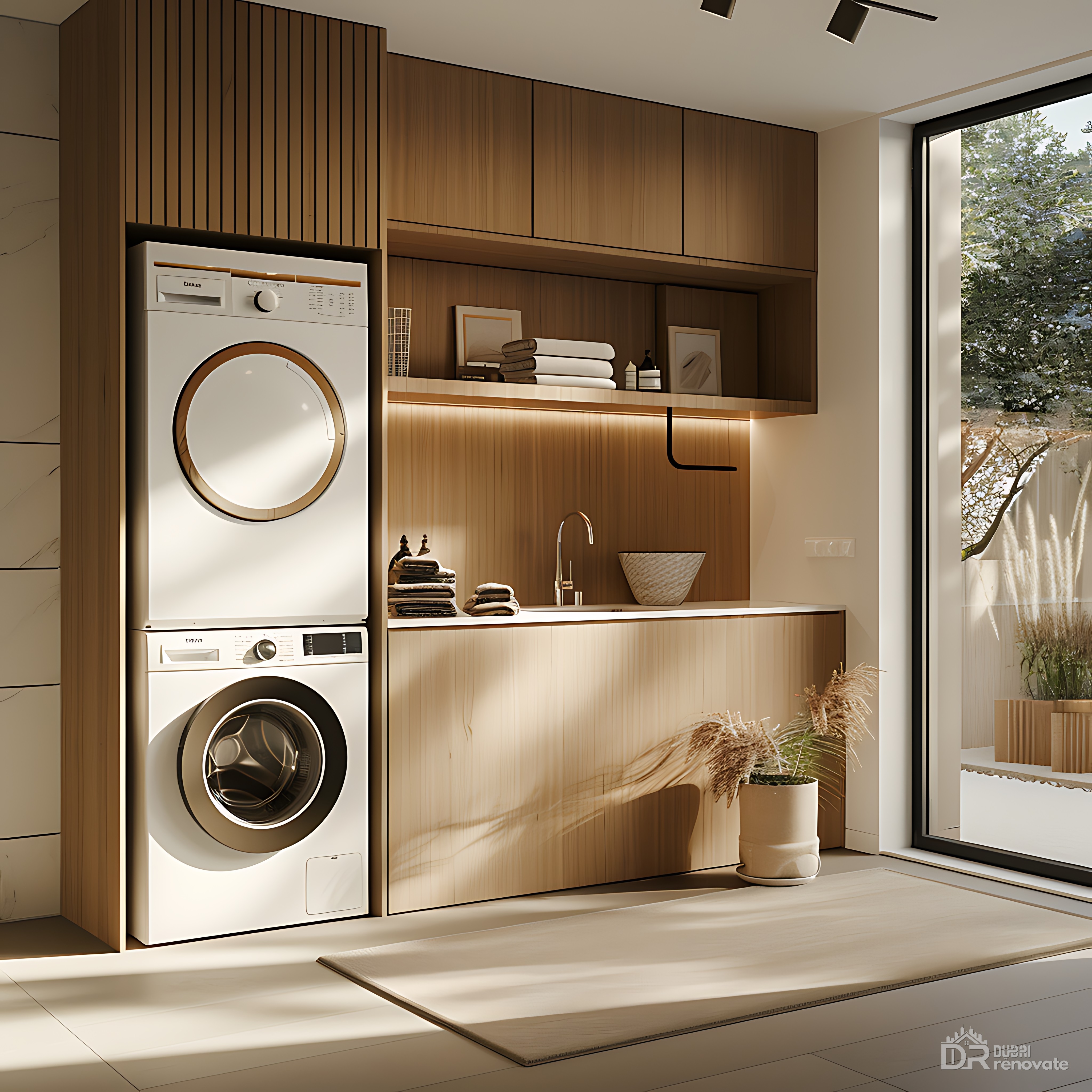 Compact Laundry Room Design Dubai | Minimalist Oak Laundry Ideas