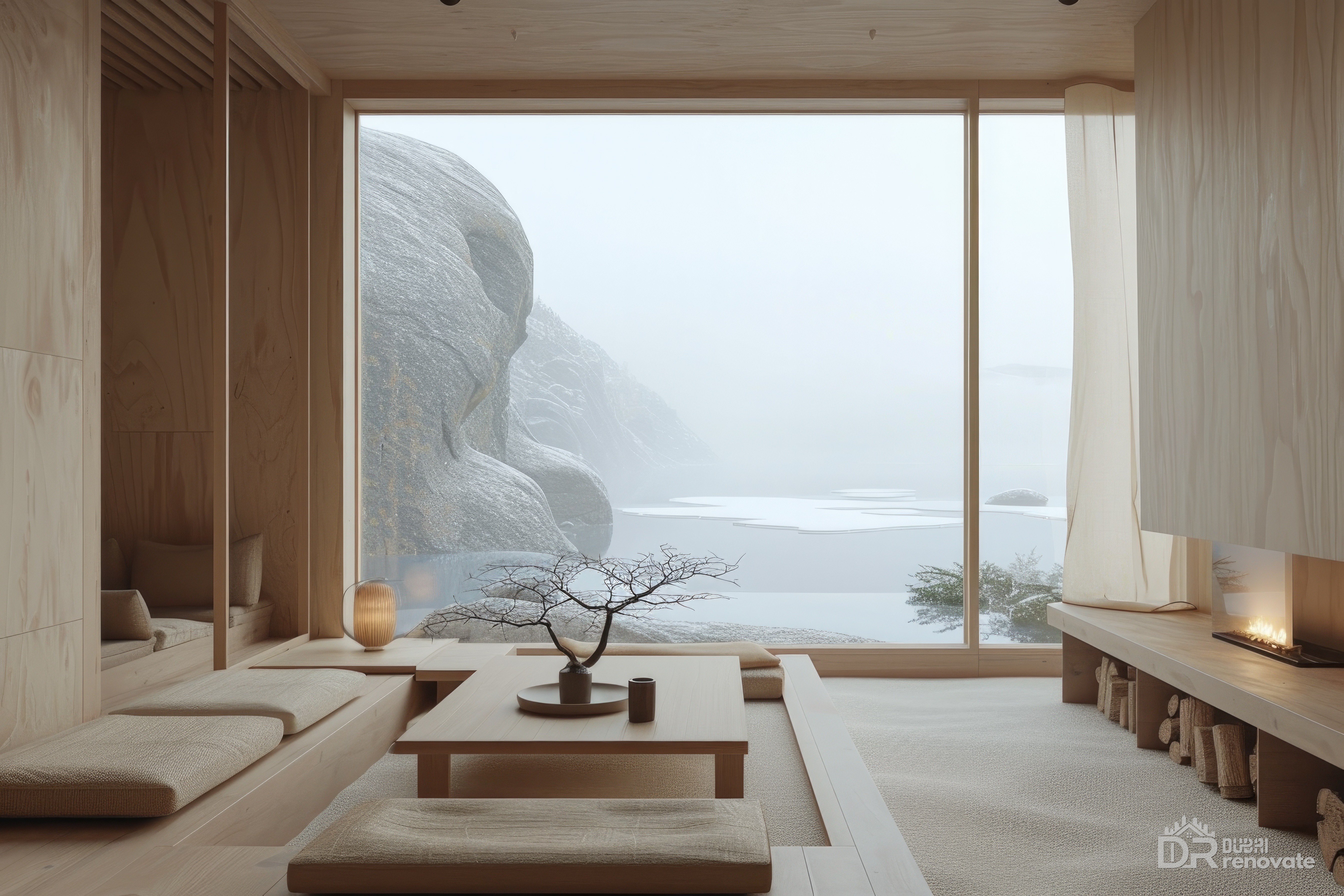 Minimalist Timber Living Room Dubai – Calm, Sunken Seating & Timber ...