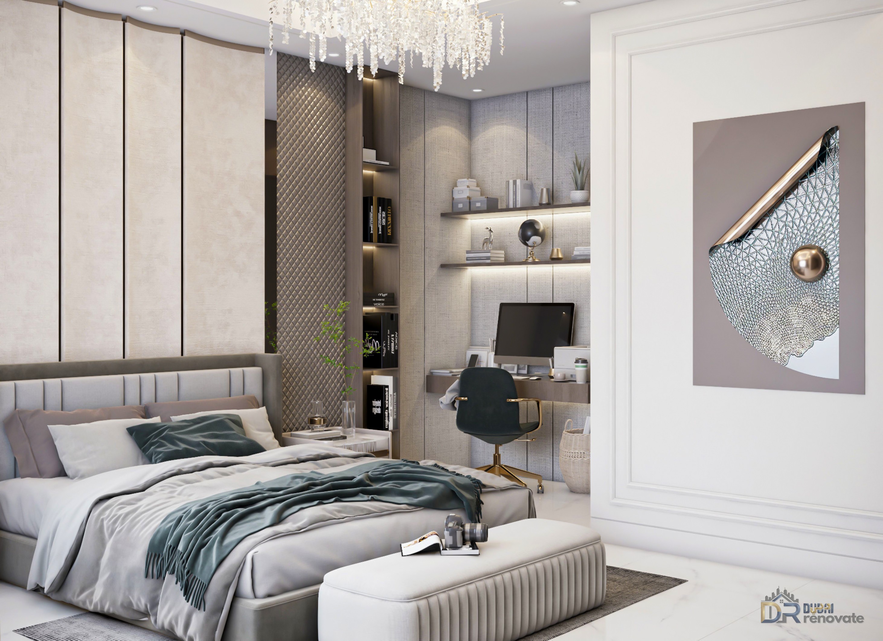 Dubai luxury neutral master bedroom with chandelier and built in desk ...