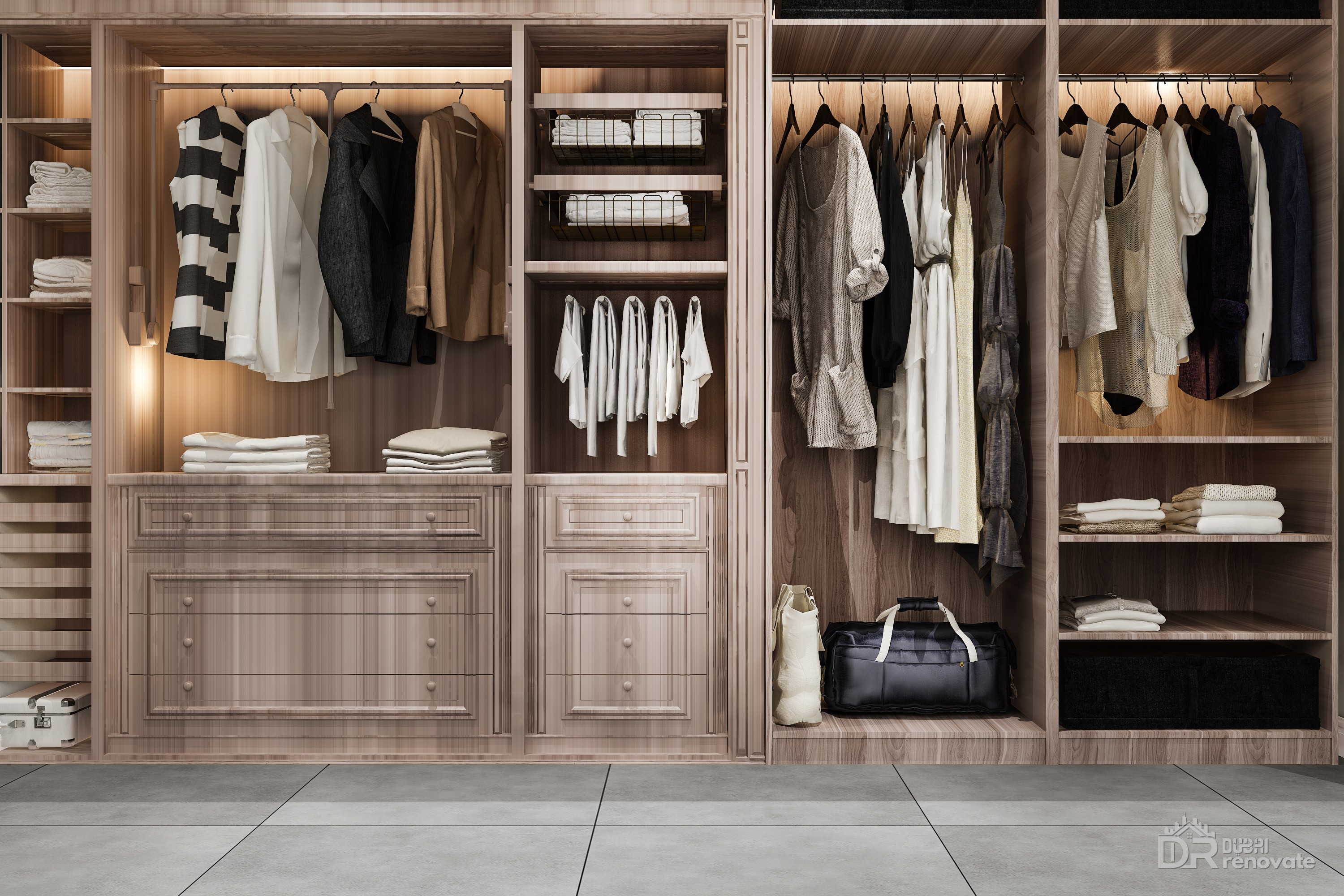 Dubai minimal Scandinavian wood walk in closet with warm LED wardrobe ...